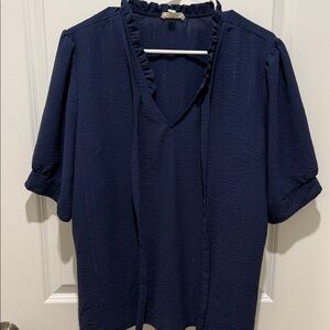 Women's Navy V-Neck Ruffle Tie-Front Blouse
